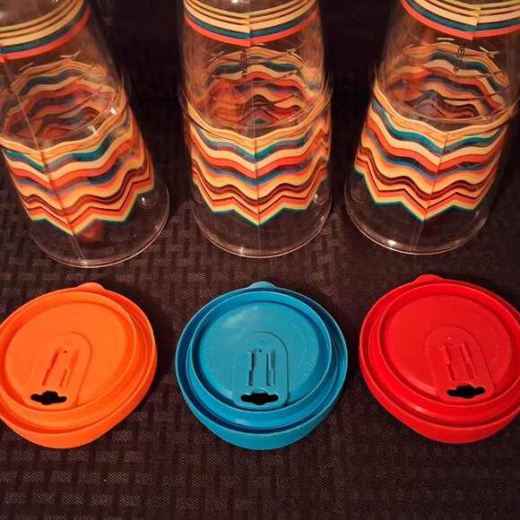 Fiestaware Striped Tumbler Glasses 24oz Red Yellow Green Turquoise w/ Lids Set 3 - Picture 8 of 9